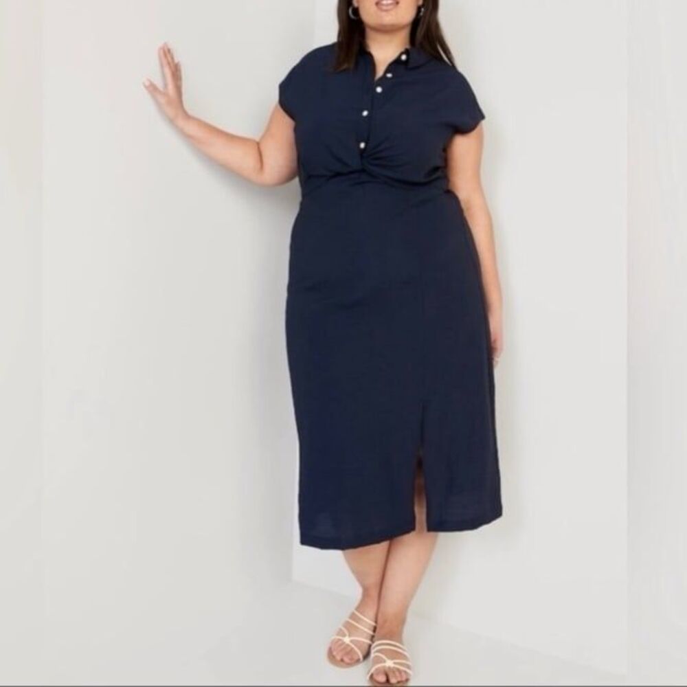 Old Navy Waist-Defined Twist-Front Midi Shirt Dress Navy Blue Plus Size 3X